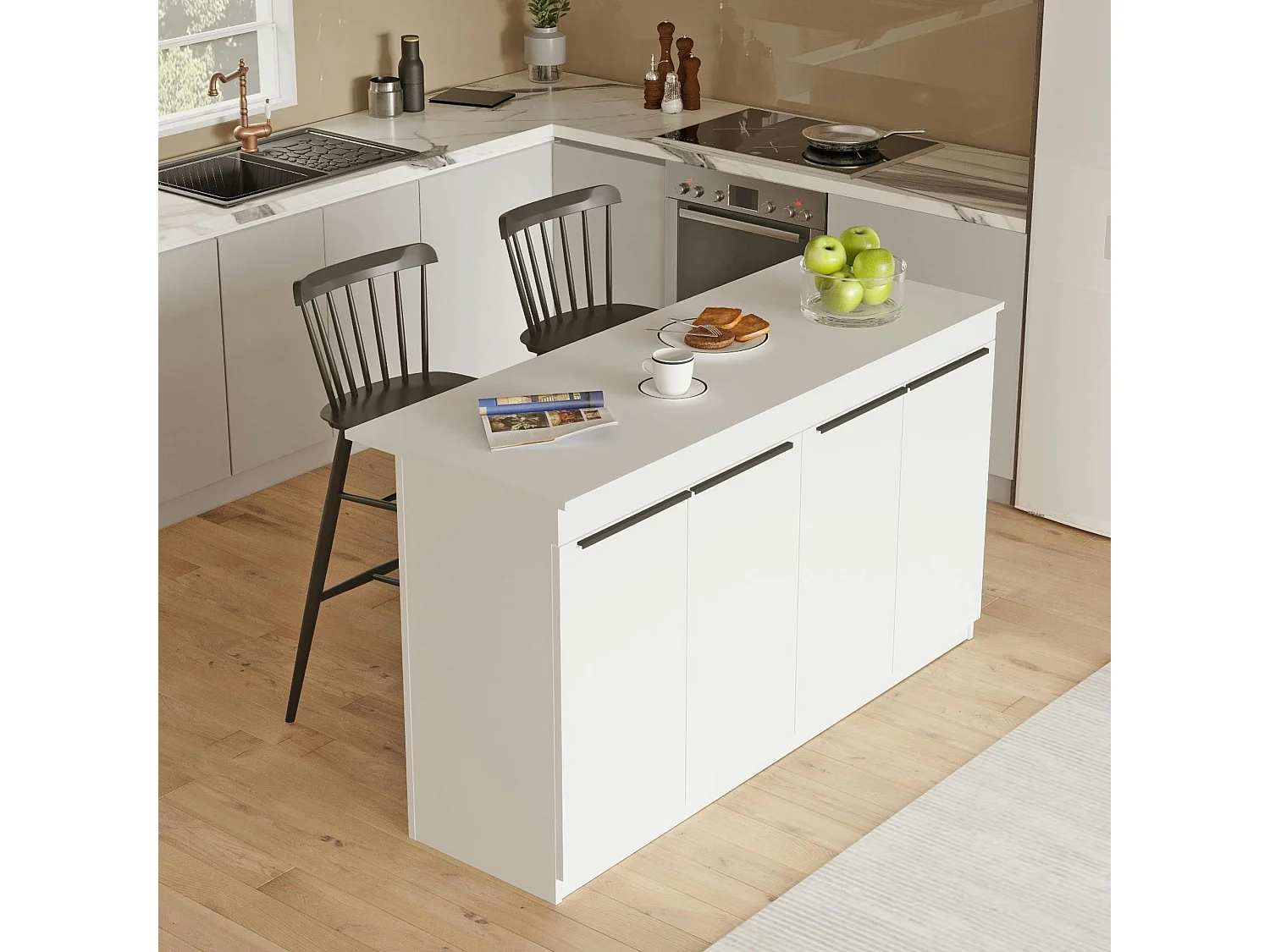 Bar séparation cuisine ouverte blanc, 4 portes MARFA