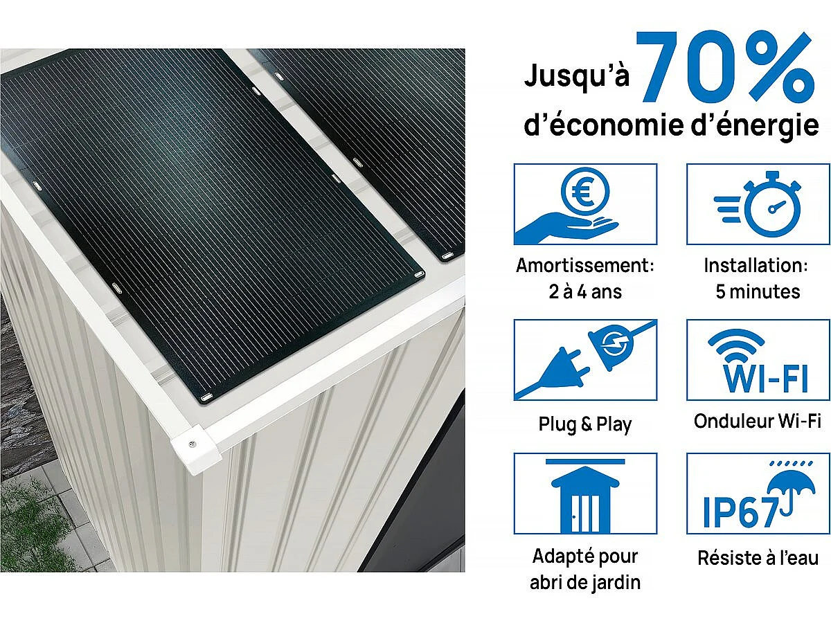 Caseta metálica para jardín Nebraska de 4,07 m² con paneles solares