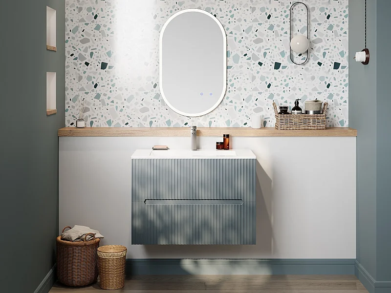 Meuble de salle de bain suspendu avec vasque à encastrer - Strié bleu ciel - 80 cm - PAVANI