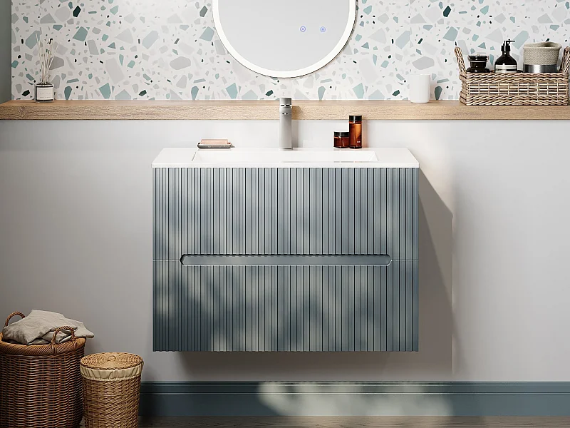 Mobile bagno sospeso con lavabo da incasso scanalato azzurro 80 cm - PAVANI