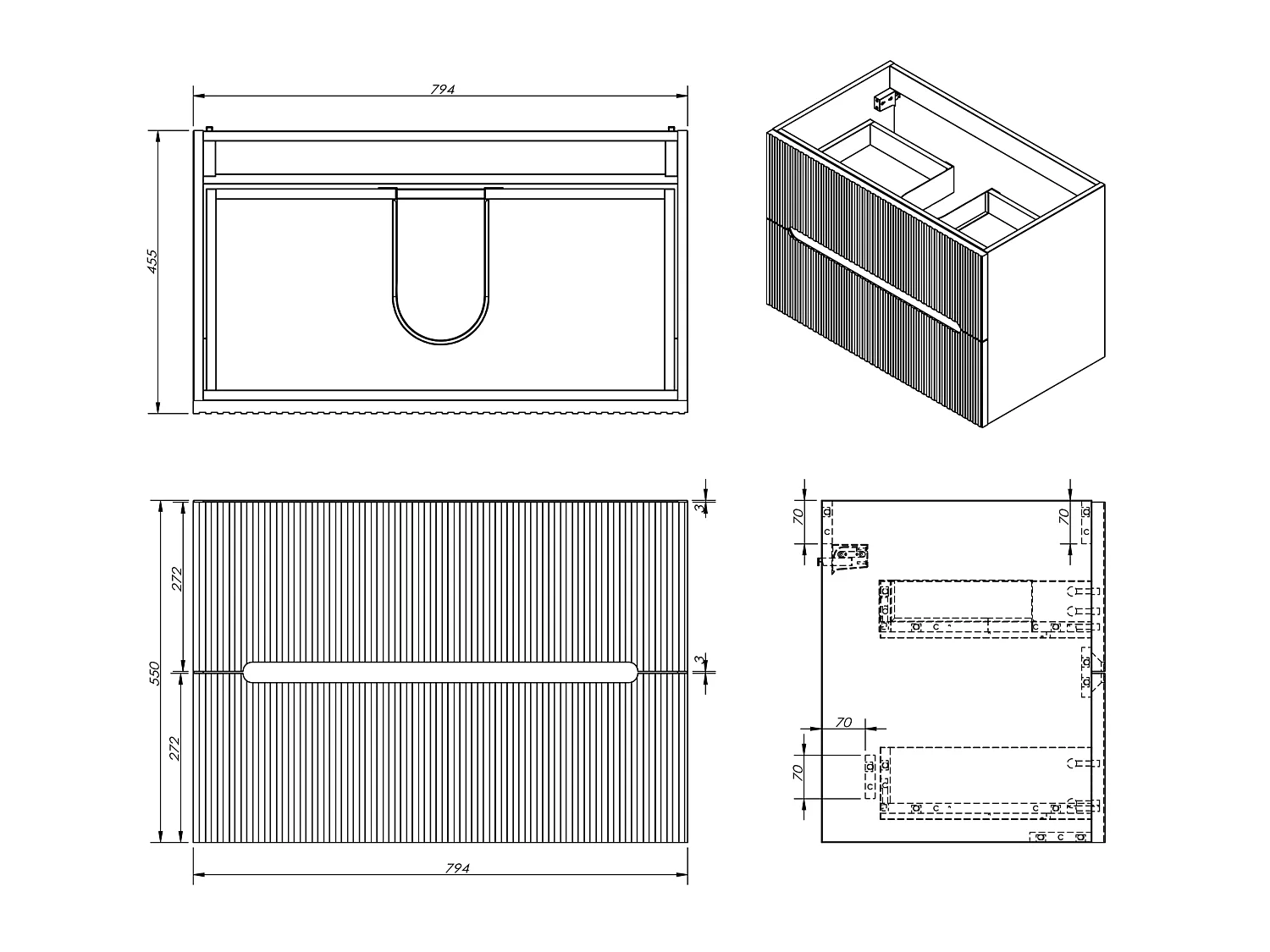 Meuble de salle de bain suspendu avec vasque à encastrer - Strié vert - 80 cm - PAVANI