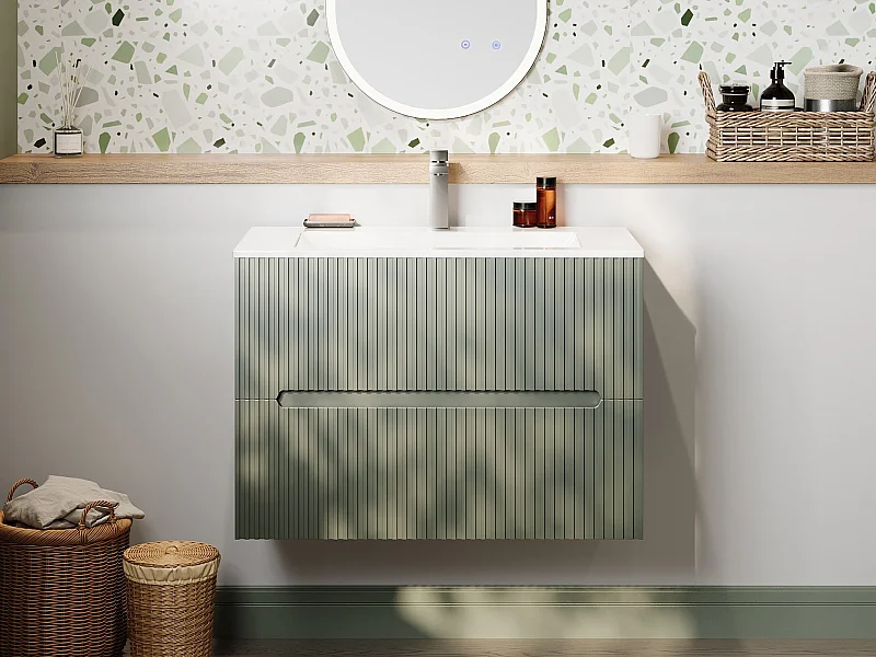 Mobile bagno sospeso con lavabo da incasso scanalato verde 80 cm - PAVANI