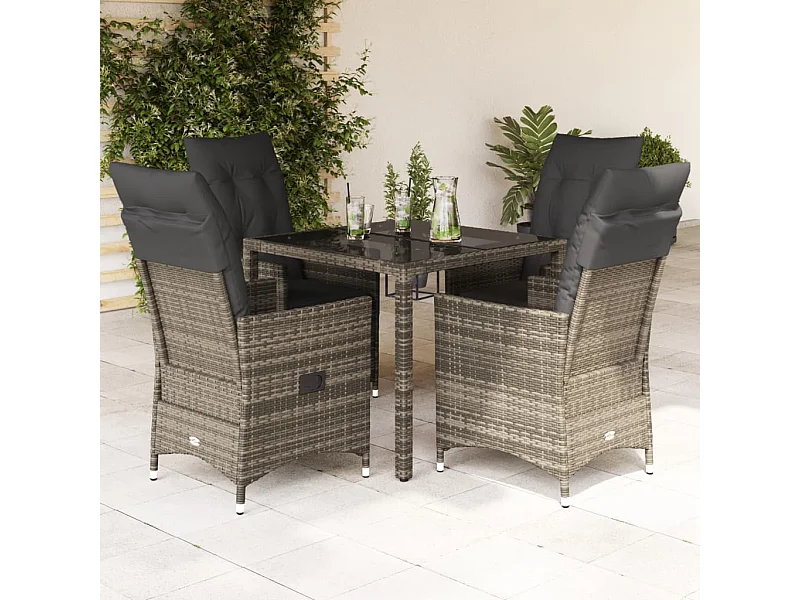 Set comedor de jardín 5 piezas con cojines ratán sintético gris