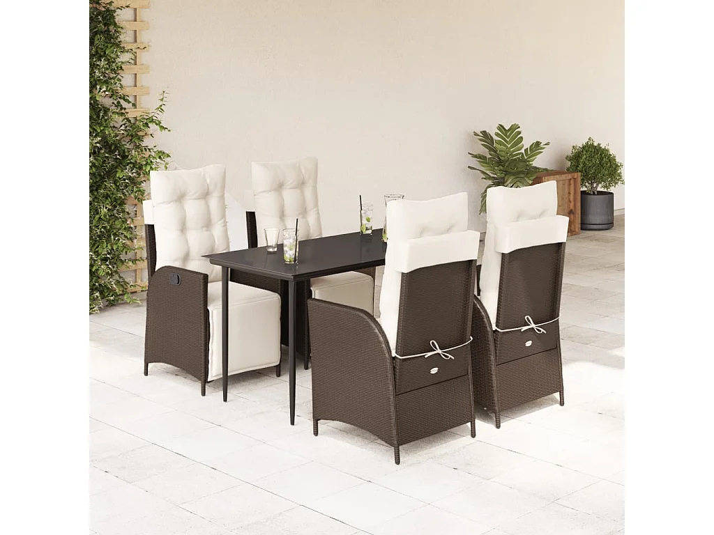 Set comedor de jardín 5 piezas y cojines ratán sintético marrón