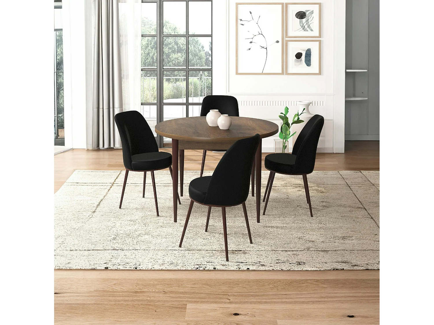 Ensemble table ronde Ø90 cm + 4 chaises noires AROLA