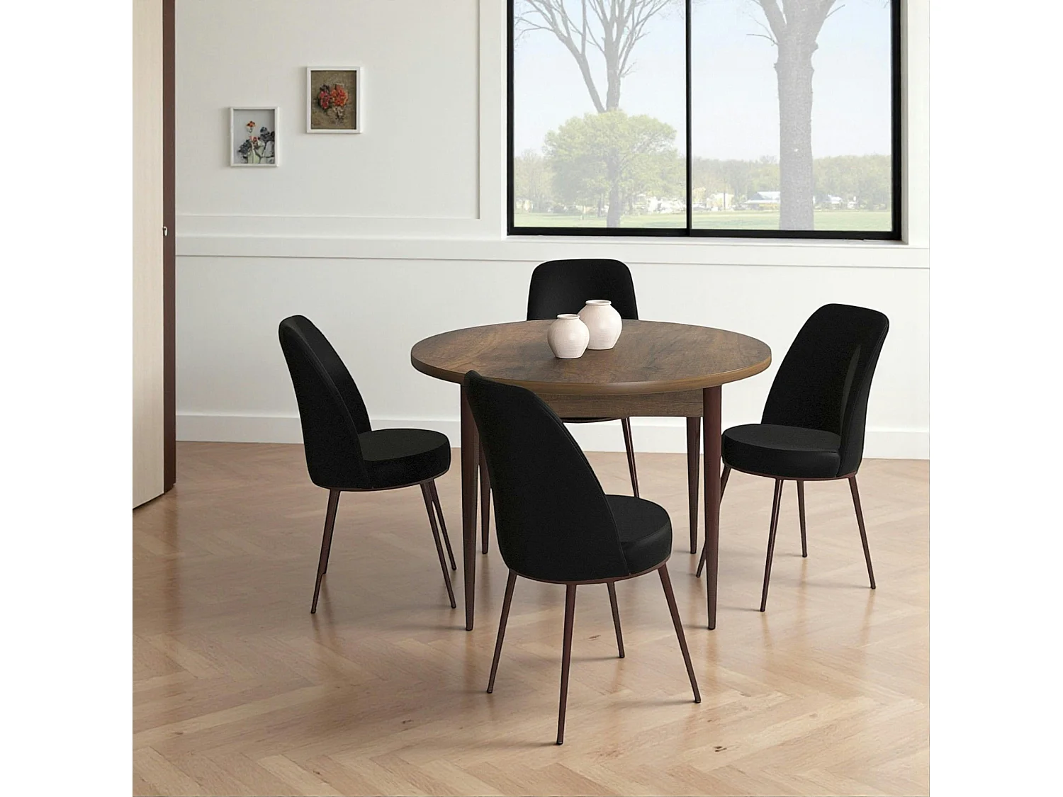 Ensemble table ronde Ø90 cm + 4 chaises noires AROLA
