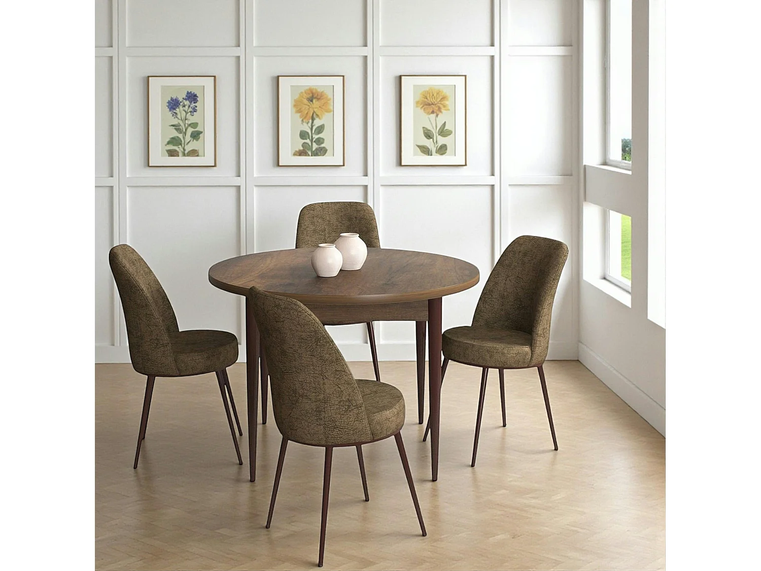 Ensemble table ronde Ø90 cm + 4 chaises taupe à motifs AROLA