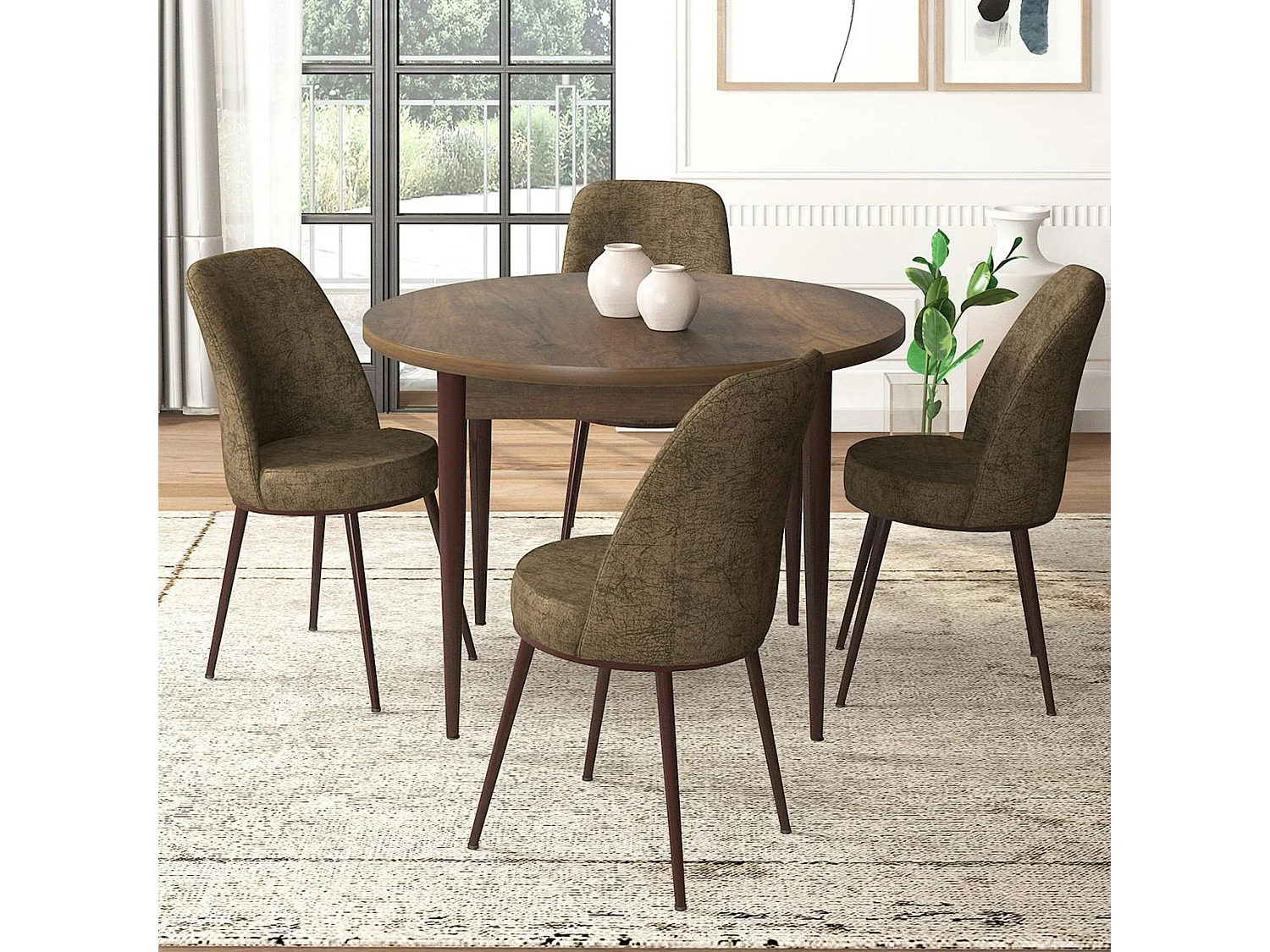 Ensemble table ronde Ø90 cm + 4 chaises taupe à motifs AROLA