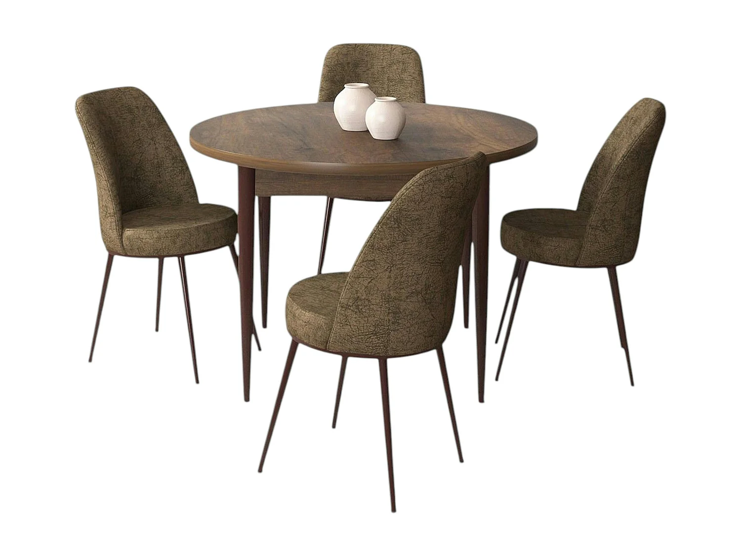 Ensemble table ronde Ø90 cm + 4 chaises taupe à motifs AROLA