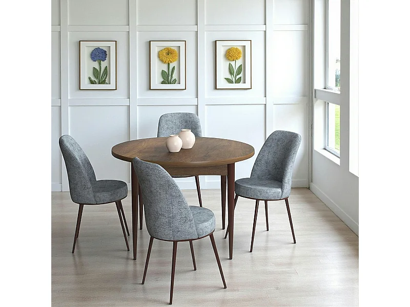 Ensemble table ronde Ø90 cm + 4 chaises gris clair à motifs AROLA
