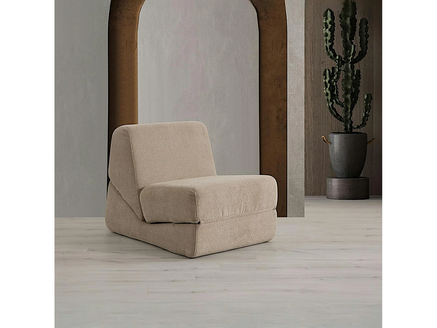 Chauffeuse convertible taupe bouclette, lit d'appoint SAPPO