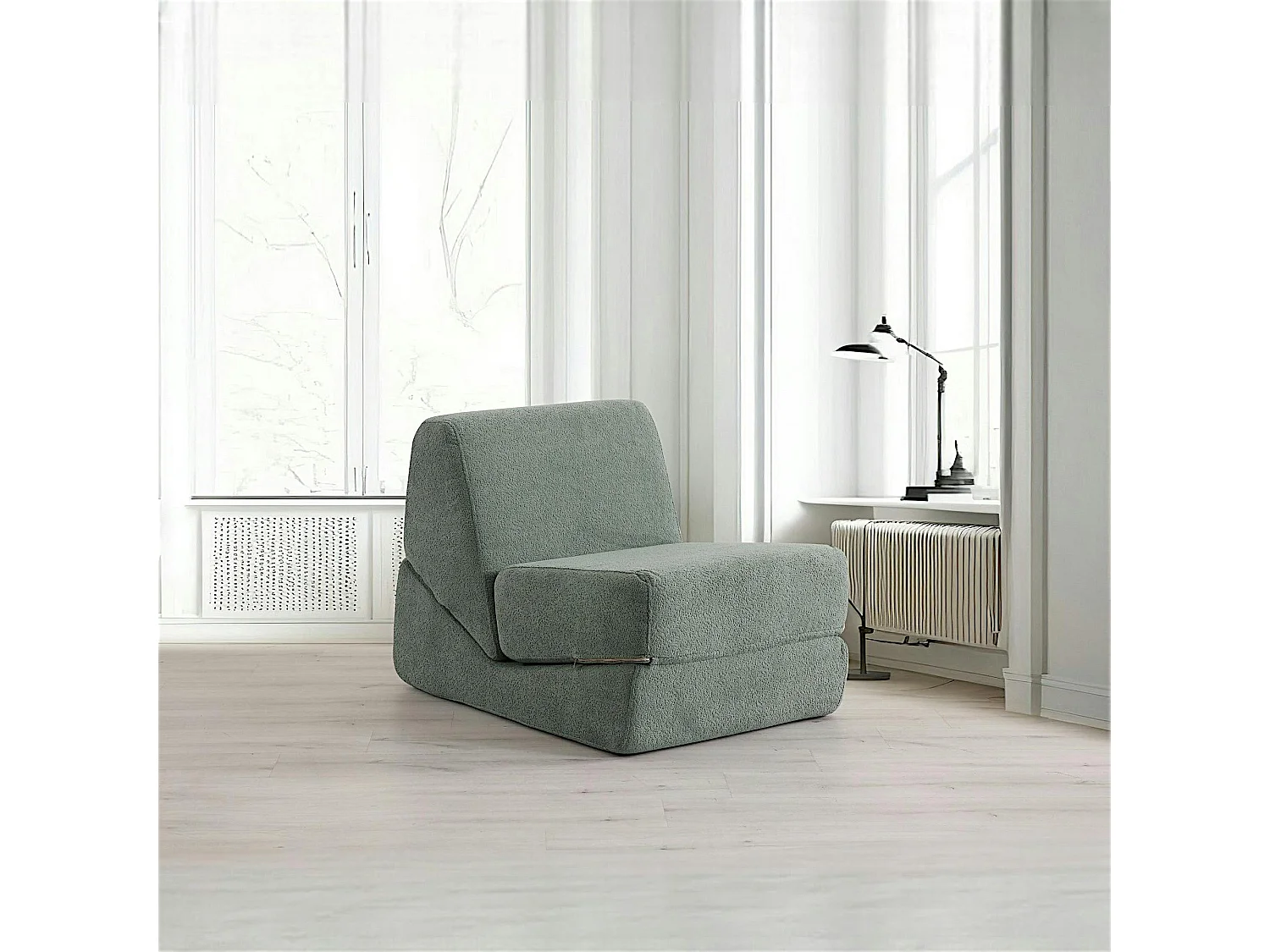 Chauffeuse convertible verte bouclette, lit d'appoint SAPPO