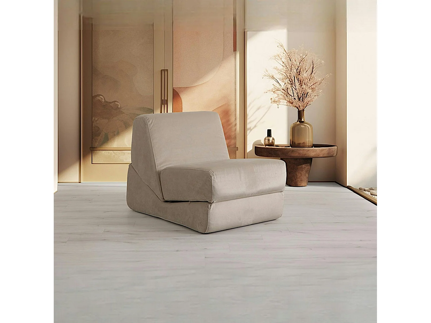 Chauffeuse convertible beige velours, lit d'appoint SAPPO