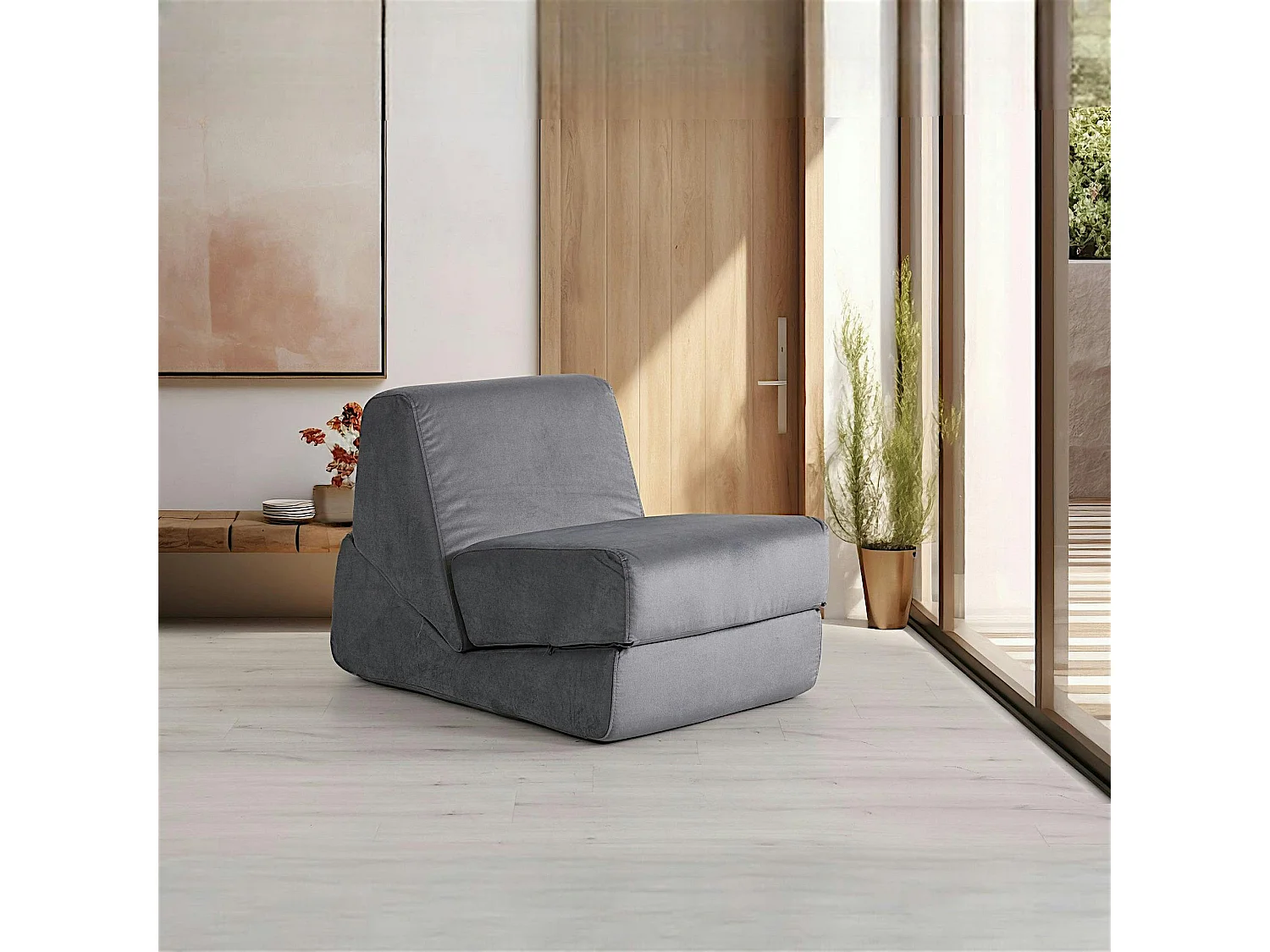 Chauffeuse convertible gris orage velours, lit d'appoint SAPPO