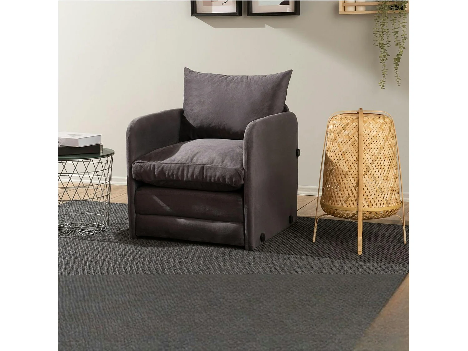 Fauteuil convertible gris velours couchage 200 cm ORURO