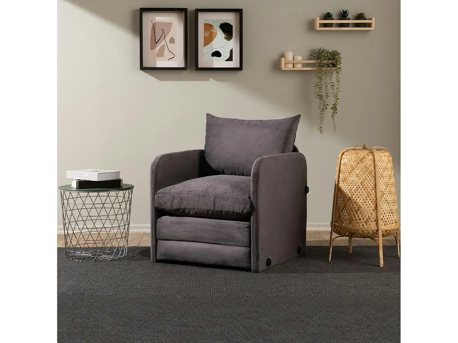 Fauteuil convertible gris velours couchage 200 cm ORURO