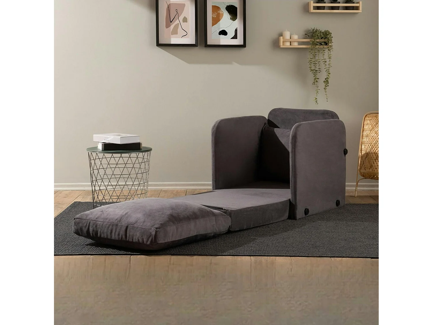 Fauteuil convertible gris velours couchage 200 cm ORURO