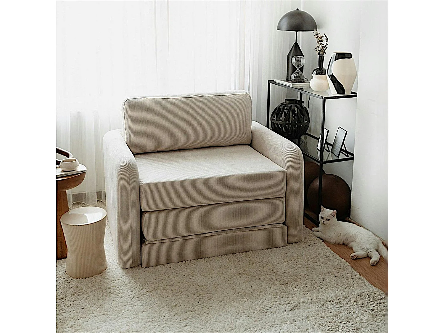 Fauteuil convertible écru velours côtelé, 1 place QUITO