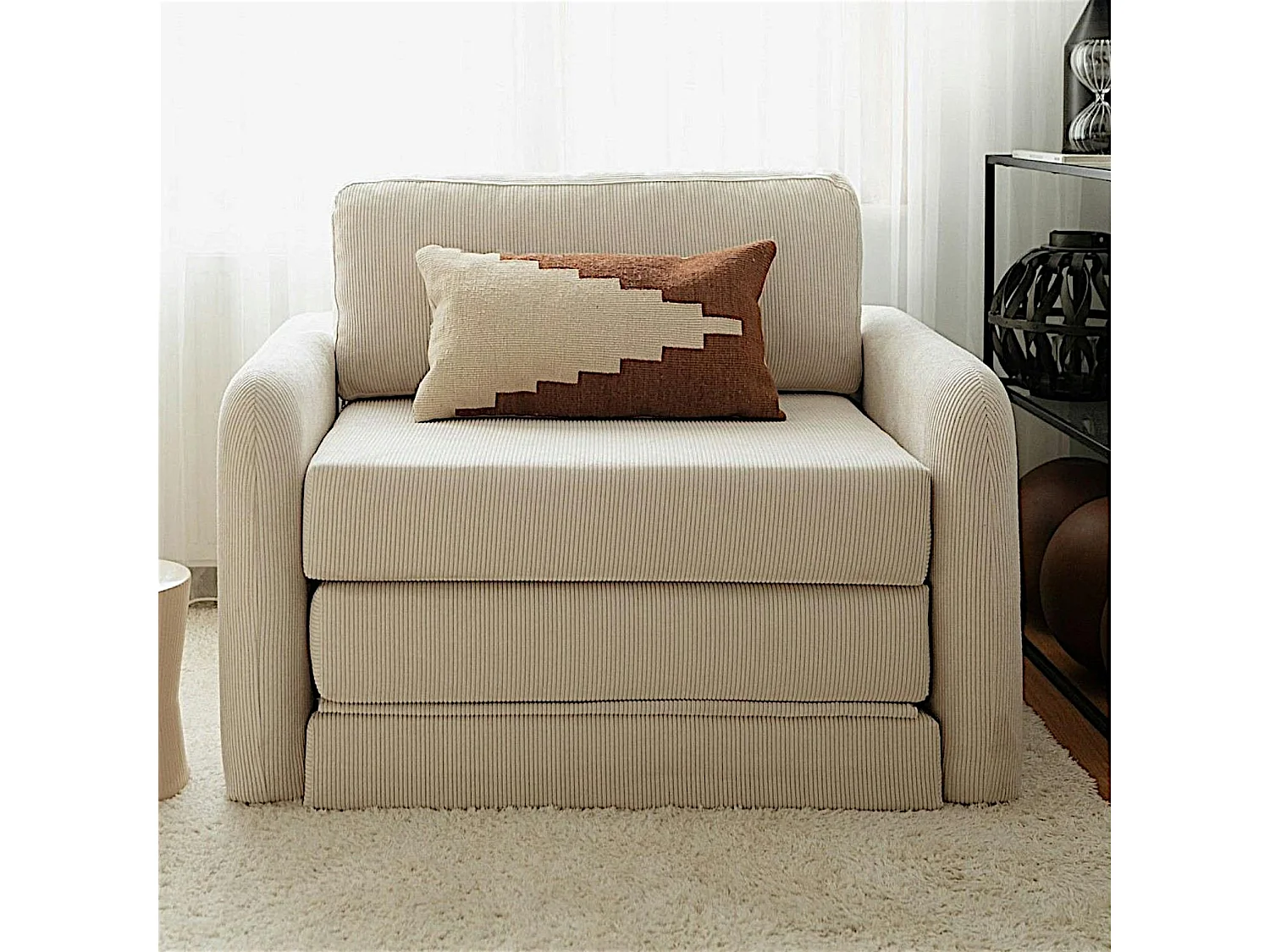 Fauteuil convertible écru velours côtelé, 1 place QUITO
