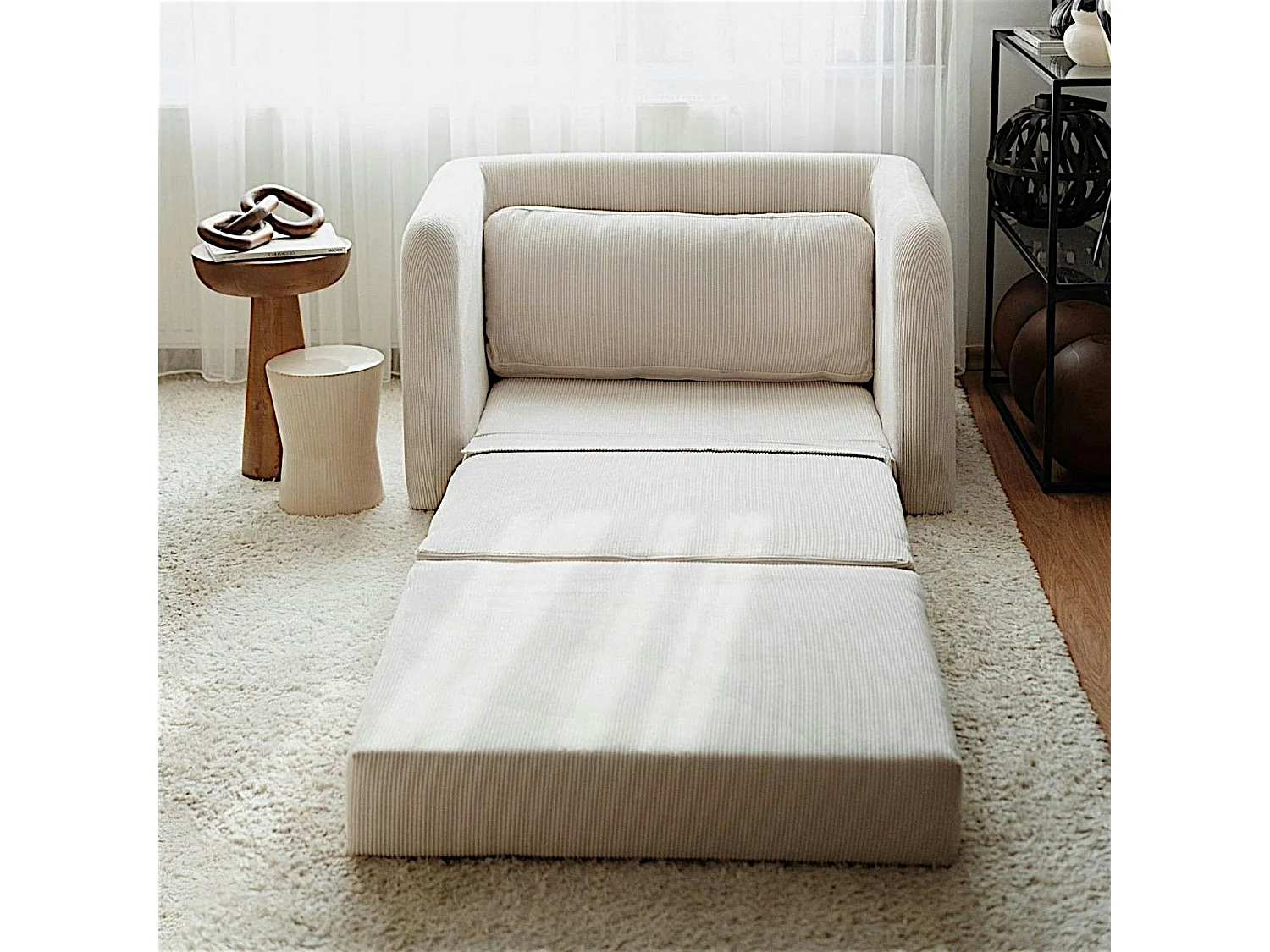 Fauteuil convertible écru velours côtelé, 1 place QUITO