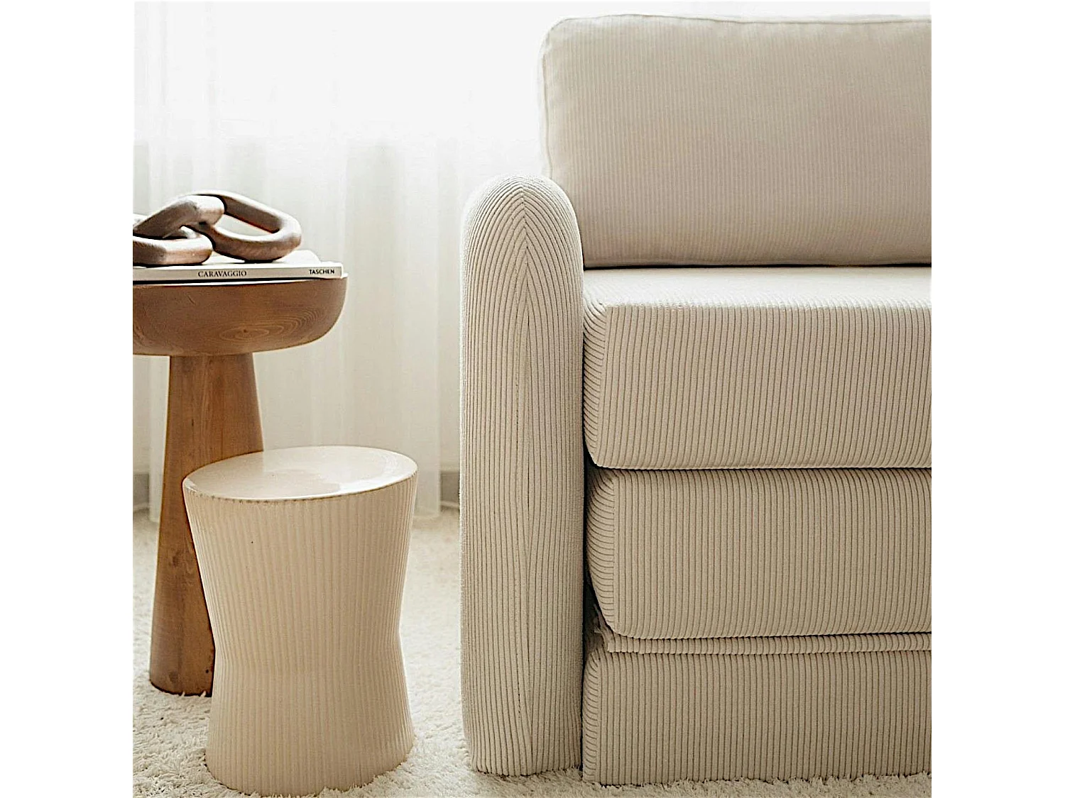 Fauteuil convertible écru velours côtelé, 1 place QUITO