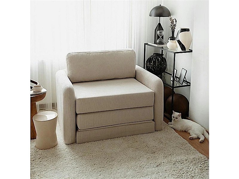 Fauteuil convertible écru velours côtelé, 1 place QUITO