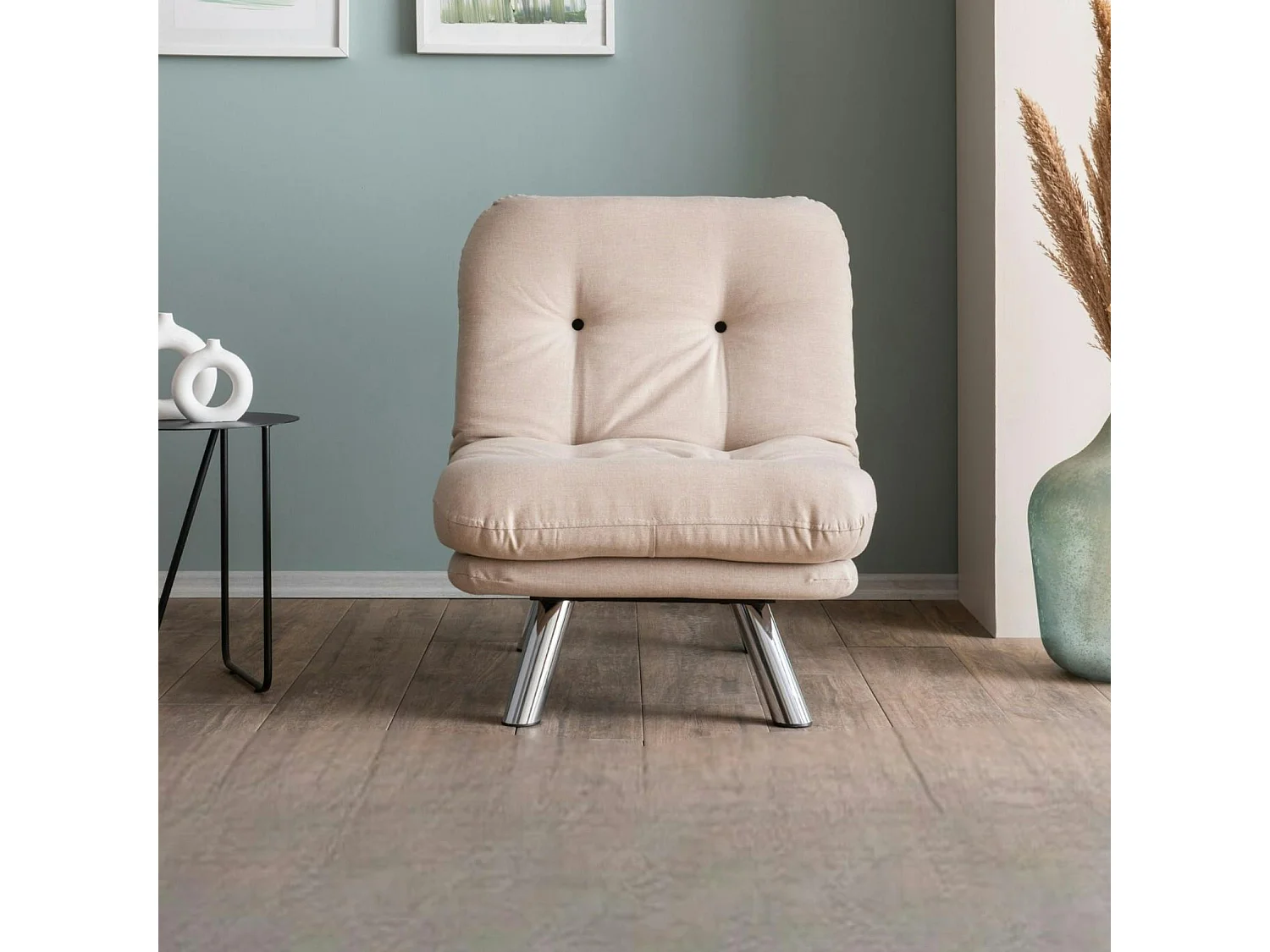 Fauteuil convertible banquette écru pieds chromés CUSCO