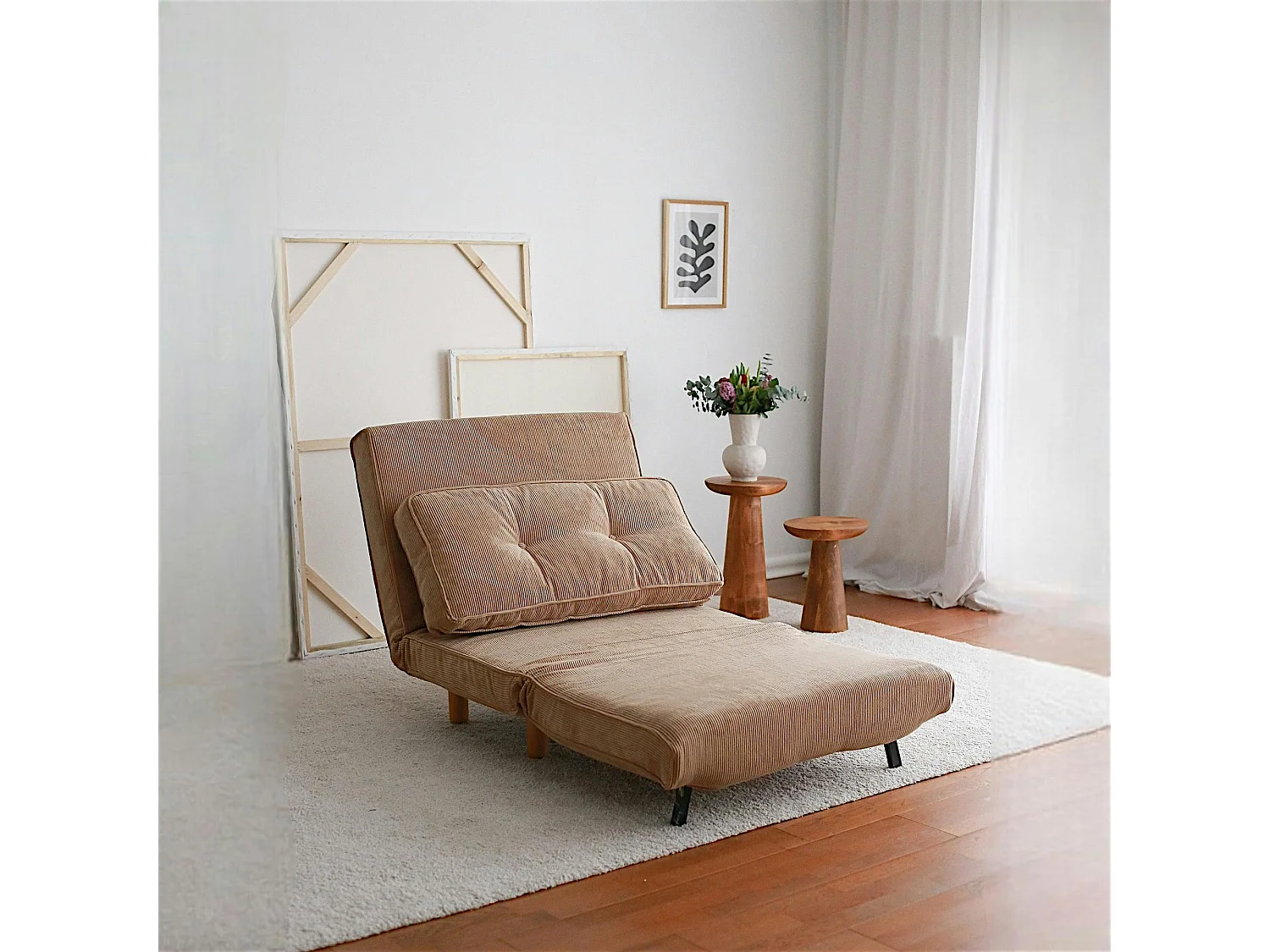 Fauteuil convertible beige velours, oreiller intégré LUCCA