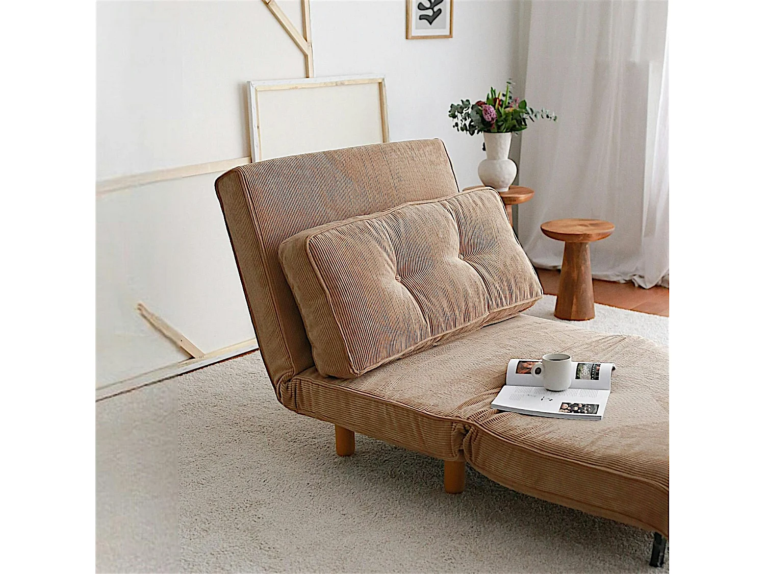 Fauteuil convertible beige velours, oreiller intégré LUCCA