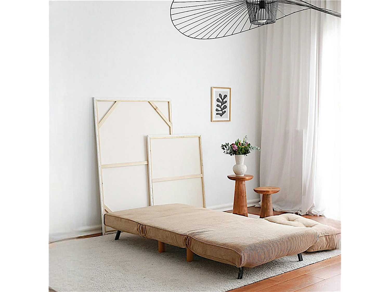 Fauteuil convertible beige velours, oreiller intégré LUCCA