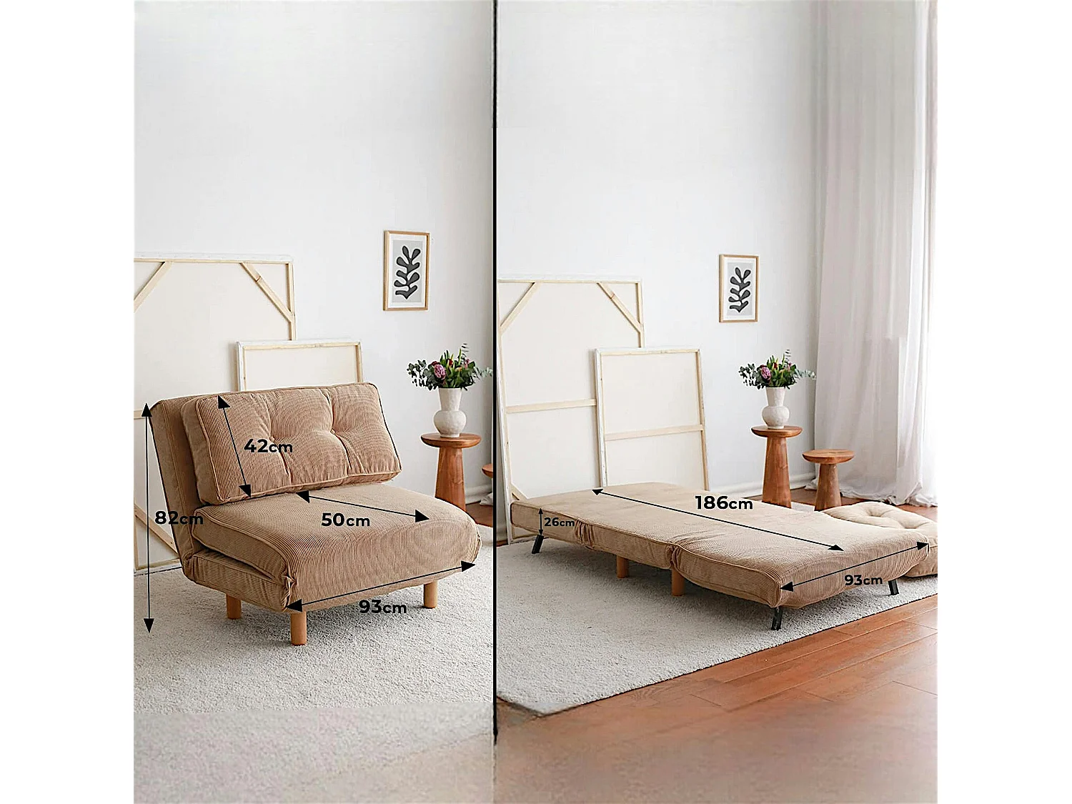 Fauteuil convertible beige velours, oreiller intégré LUCCA