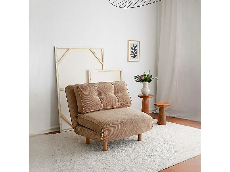 Fauteuil convertible beige velours, oreiller intégré LUCCA