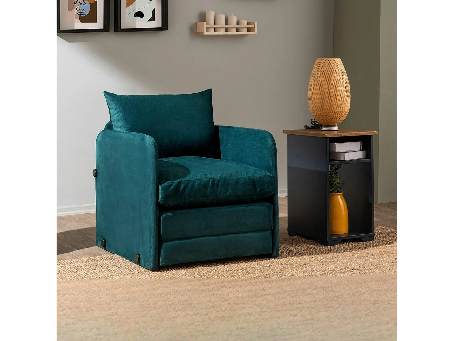 Fauteuil convertible velours bleu lagon couchage 200 cm ORURO