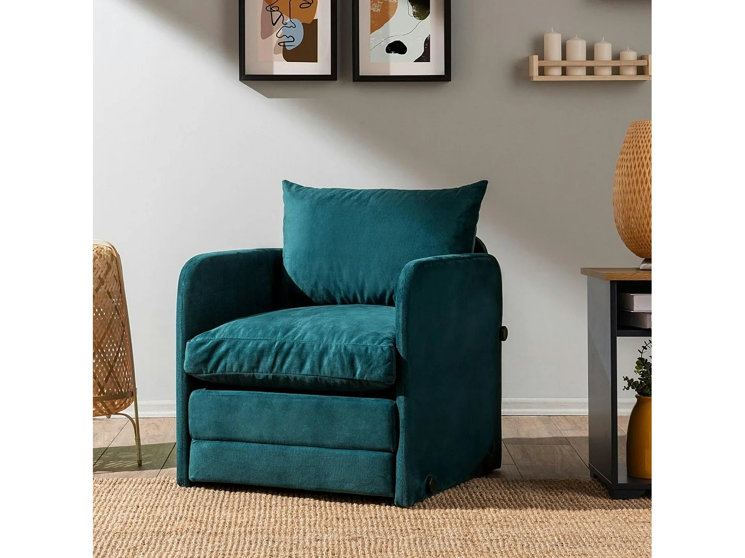 Fauteuil convertible velours bleu lagon couchage 200 cm ORURO