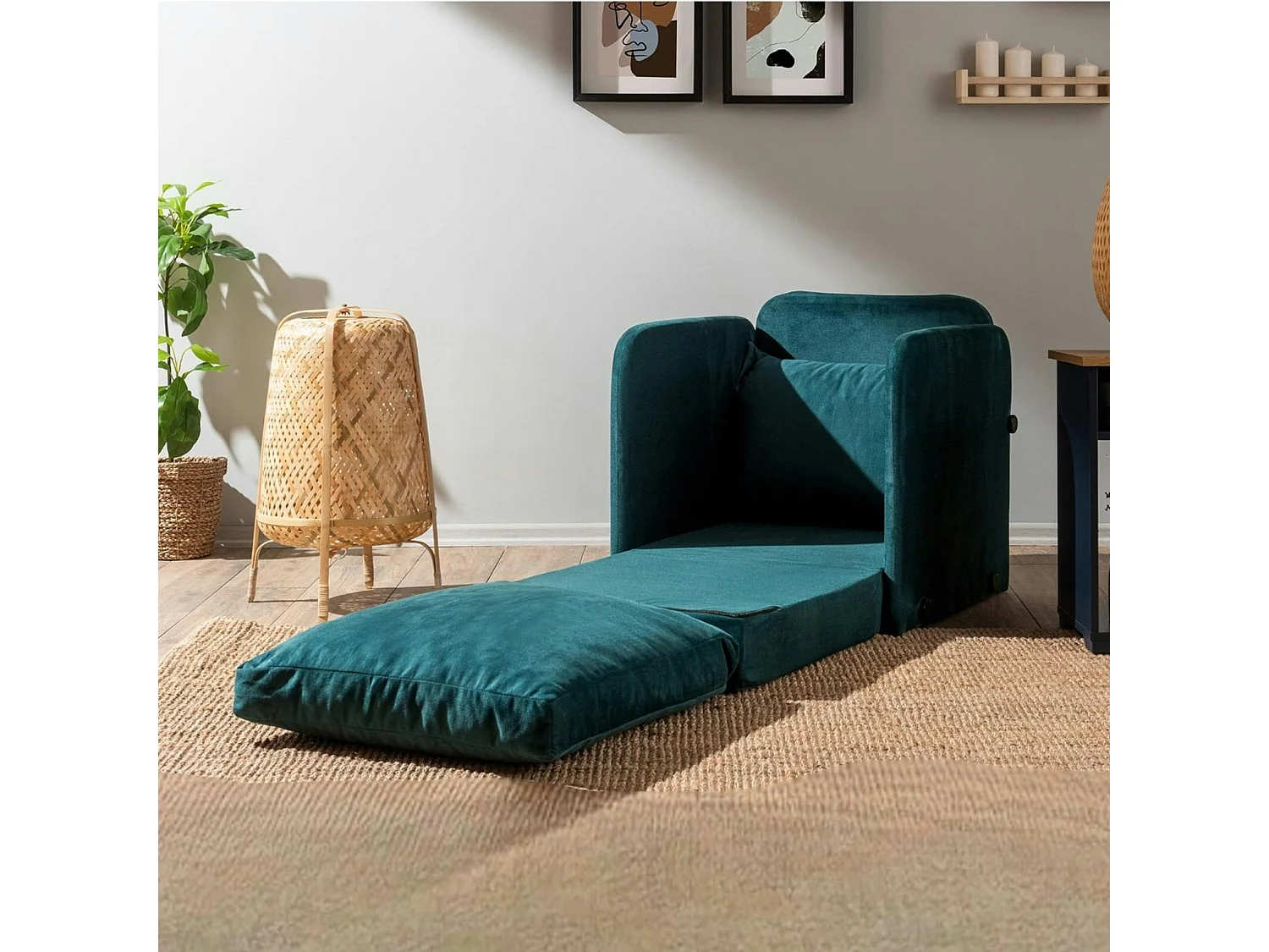 Fauteuil convertible velours bleu lagon couchage 200 cm ORURO