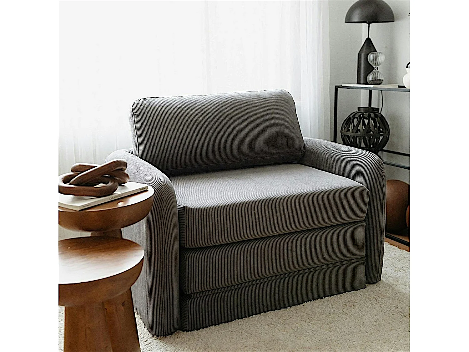 Fauteuil convertible gris velours côtelé, 1 place QUITO