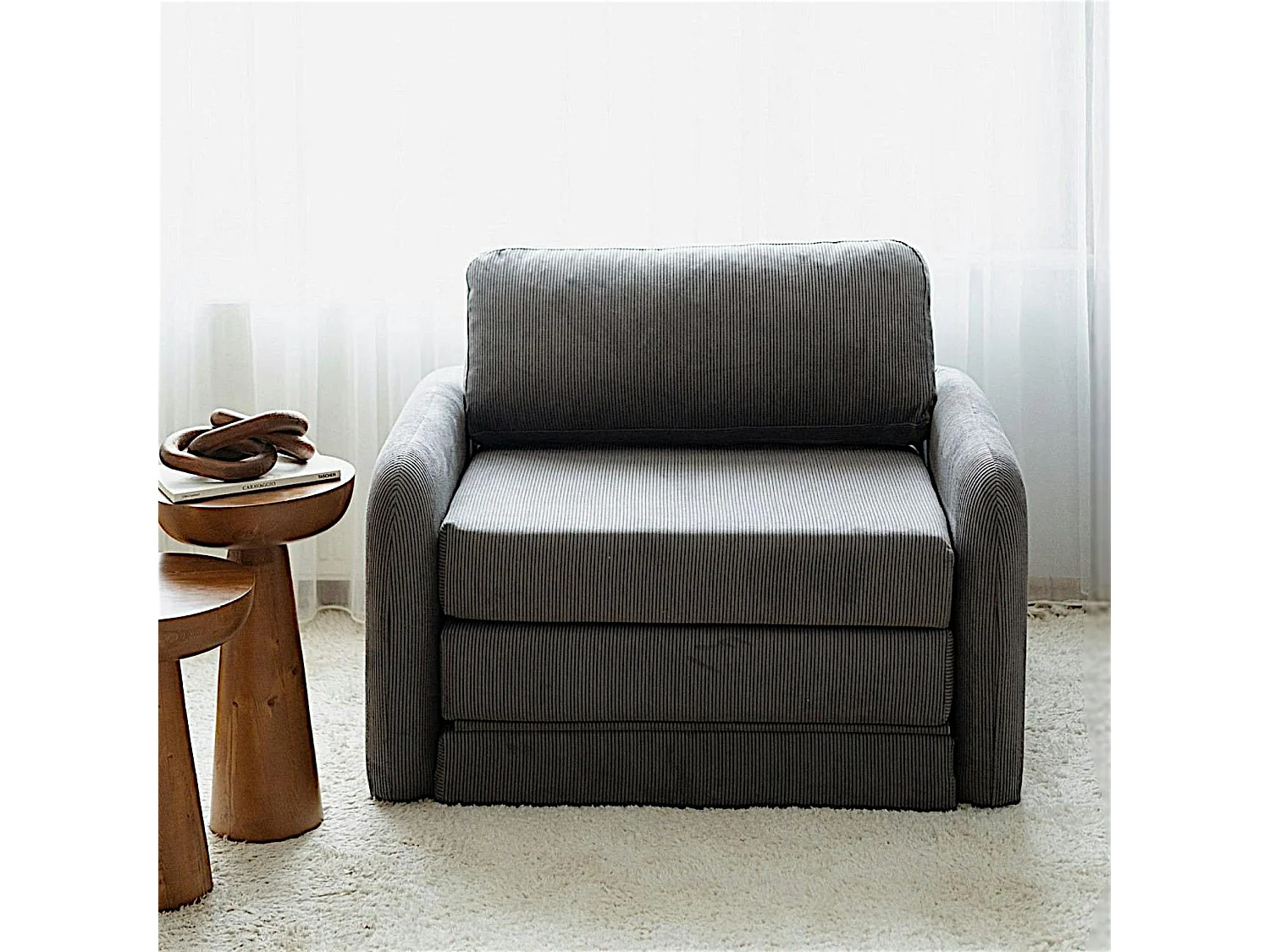 Fauteuil convertible gris velours côtelé, 1 place QUITO