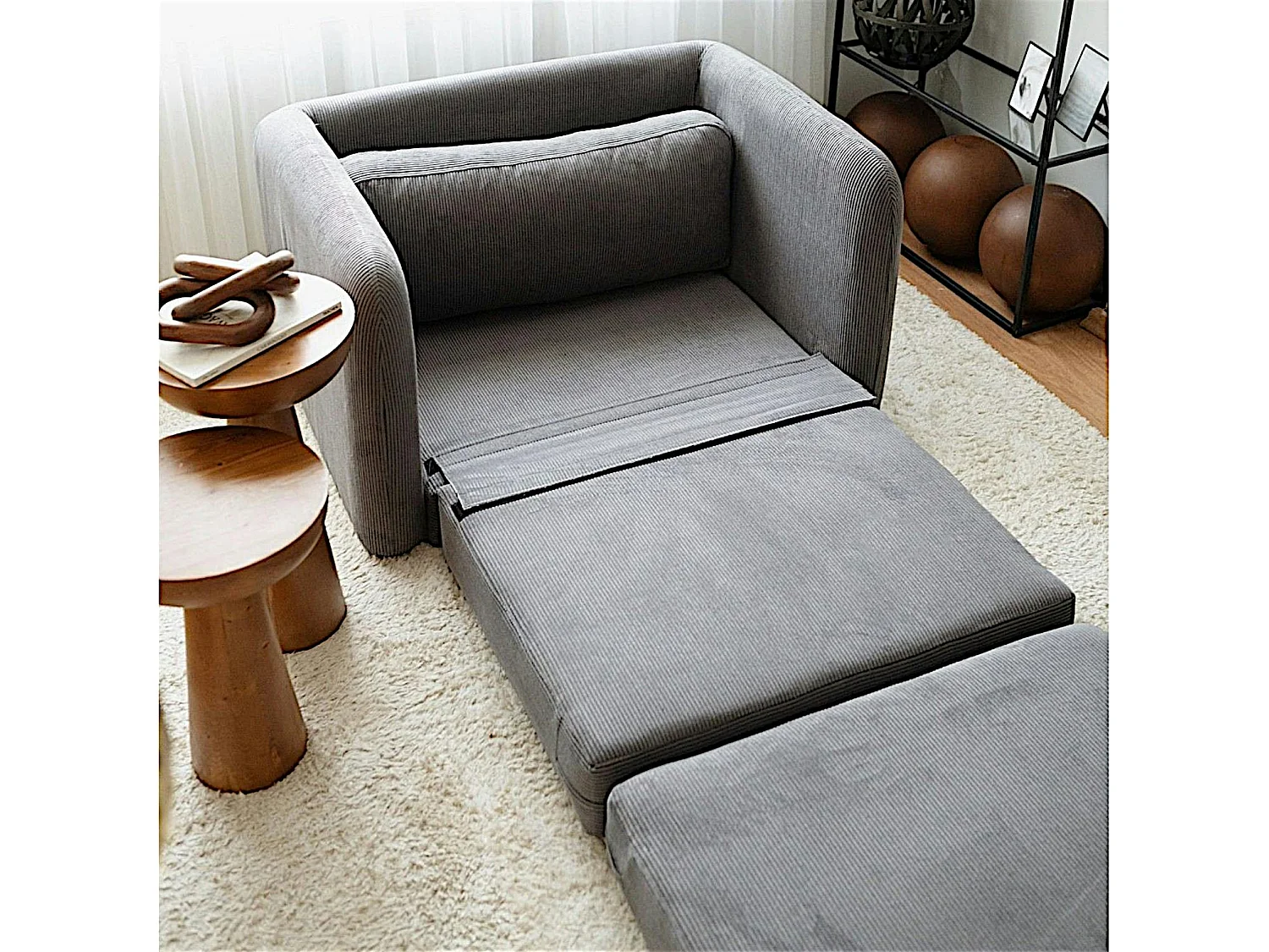 Fauteuil convertible gris velours côtelé, 1 place QUITO