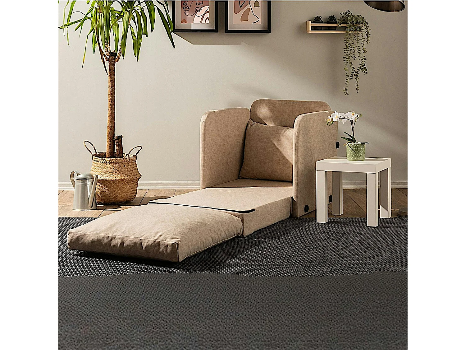 Fauteuil convertible beige lin 1 place couchage 200 cm ORURO