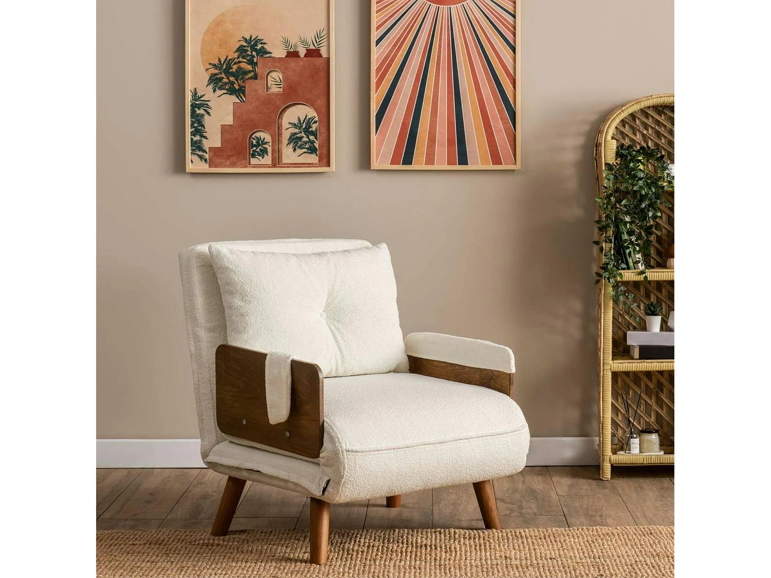 Fauteuil convertible blanc bouclette 1 place couchage 190 cm LOJA