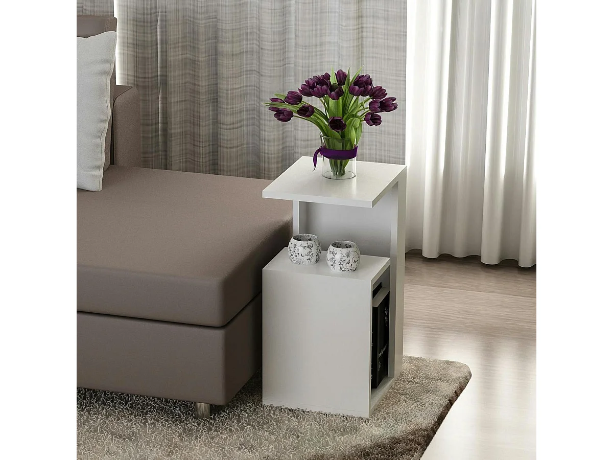 Bout de canapé blanc moderne 2 tablettes 1 niche MARFA