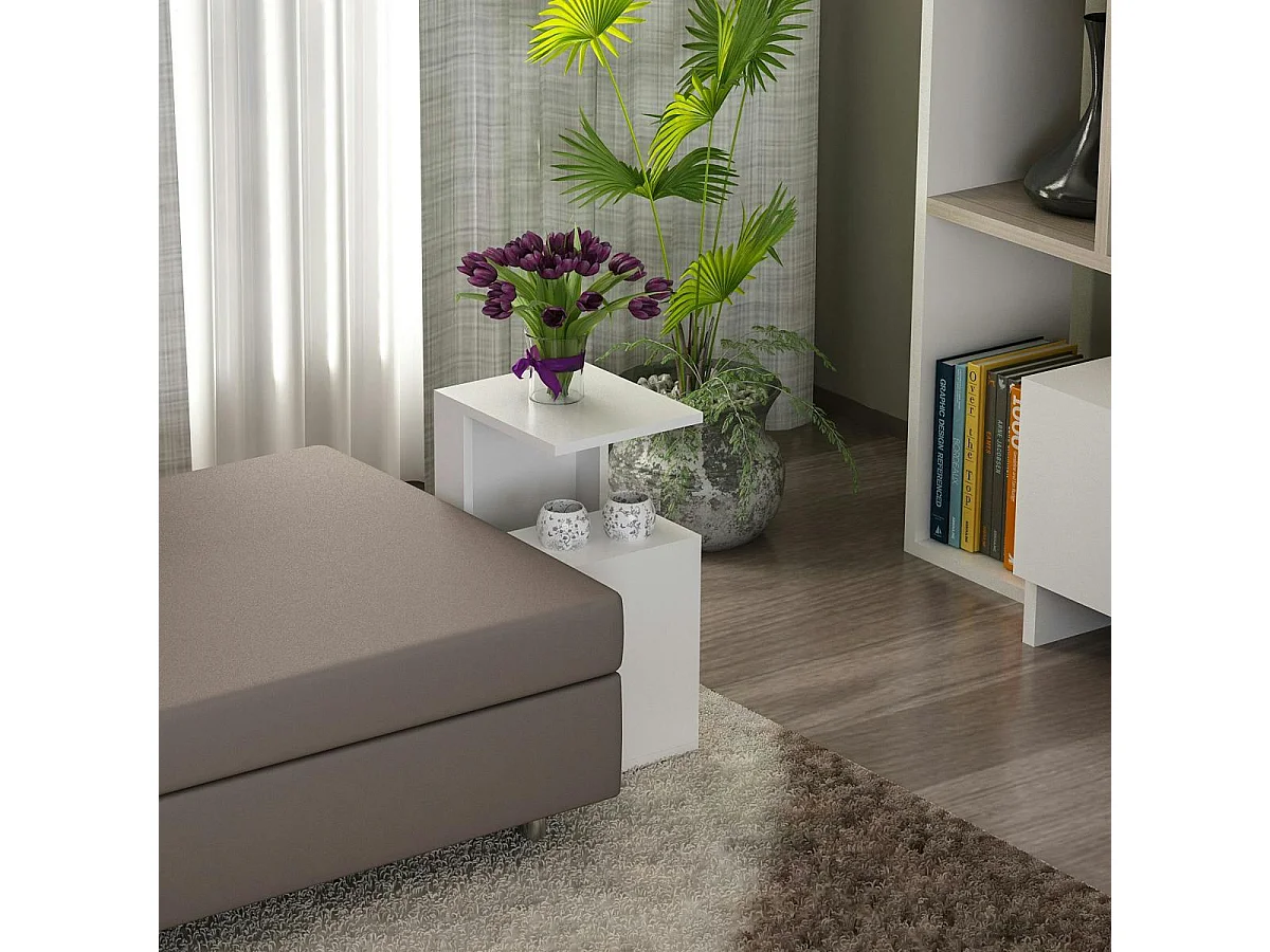 Bout de canapé blanc moderne 2 tablettes 1 niche MARFA