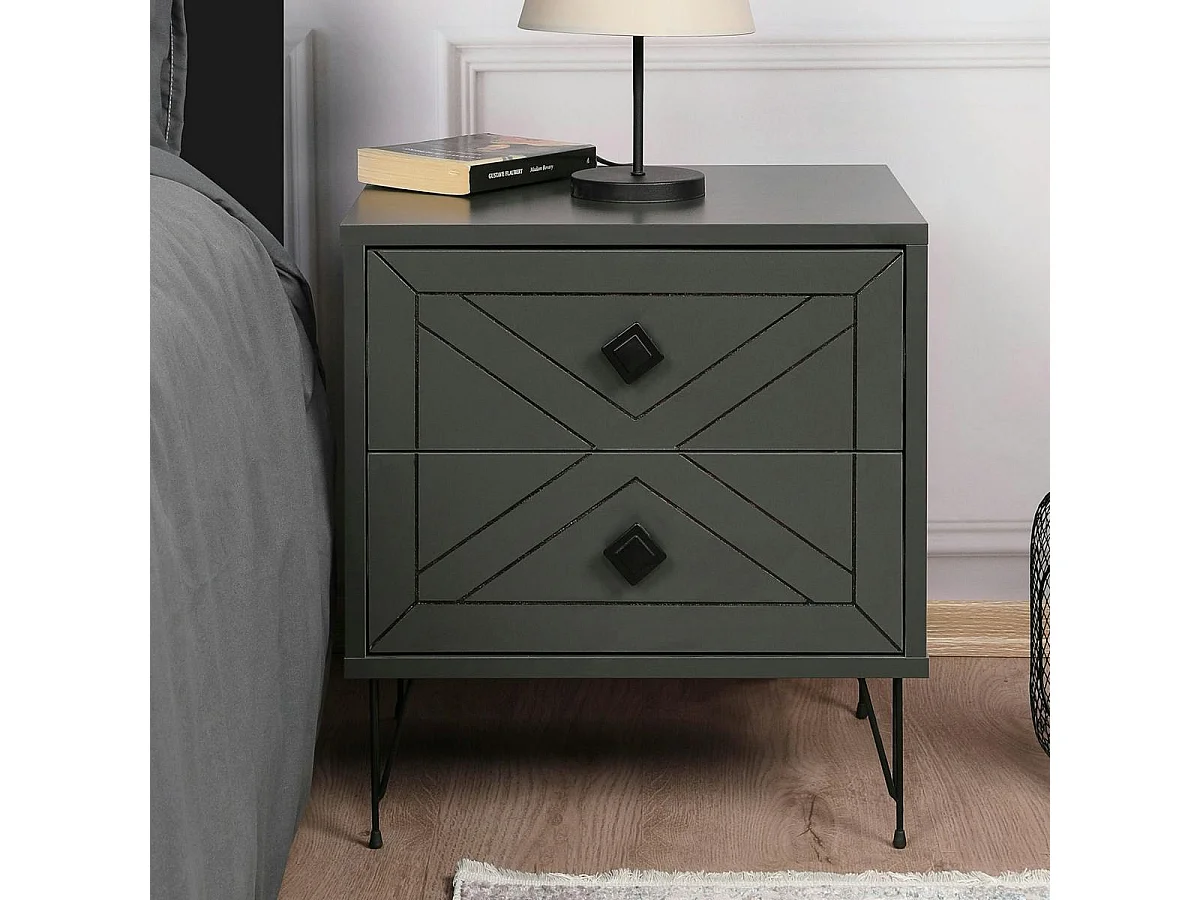 Table de chevet gris sombre 2 tiroirs pieds épingle JENA