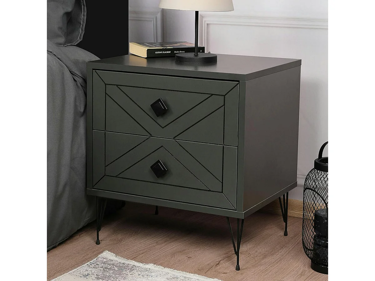 Table de chevet gris sombre 2 tiroirs pieds épingle JENA