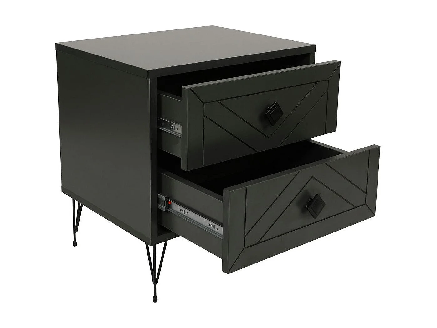 Table de chevet gris sombre 2 tiroirs pieds épingle JENA