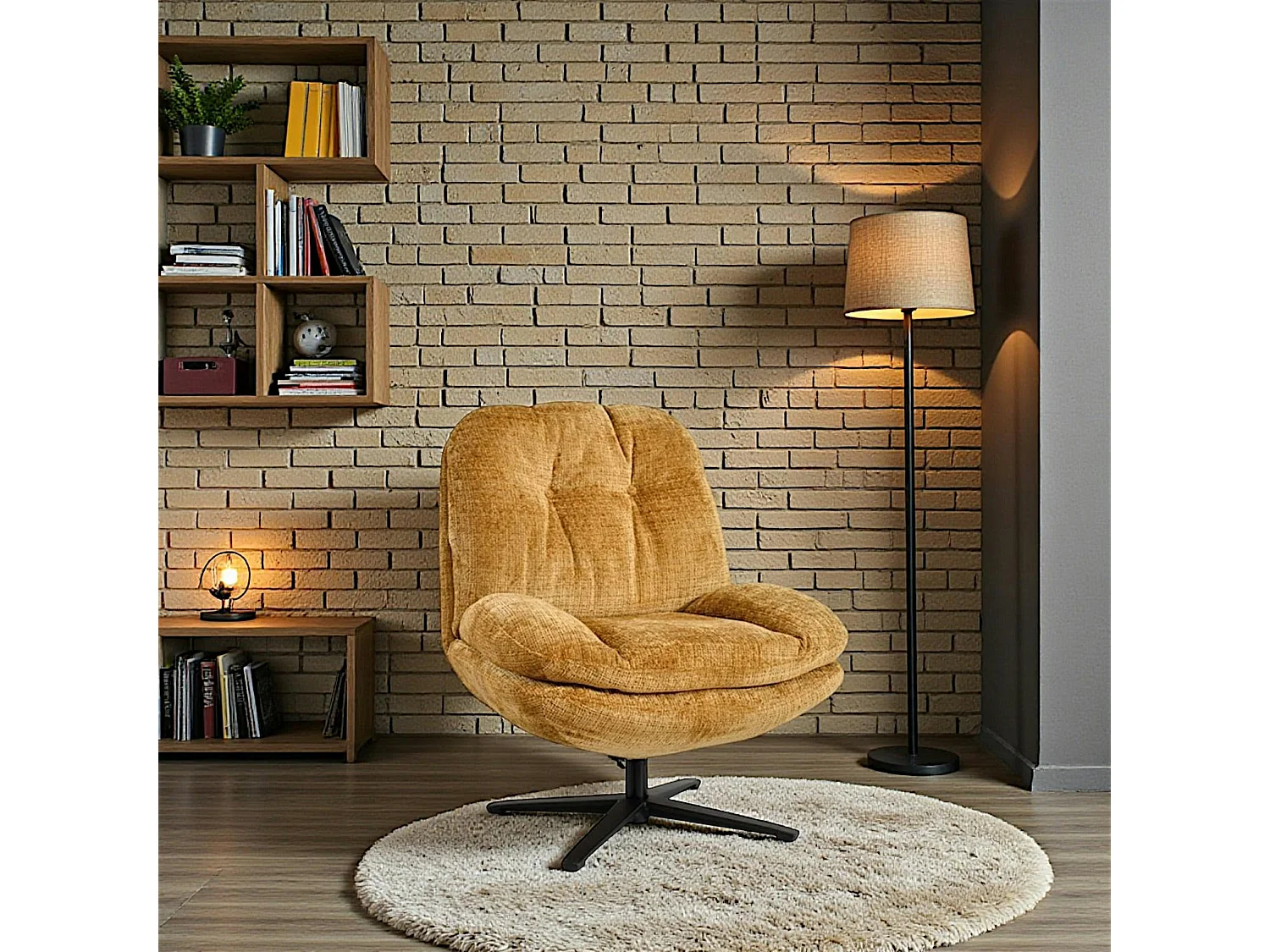 Fauteuil confort pivotant tissu doux moutarde IENA