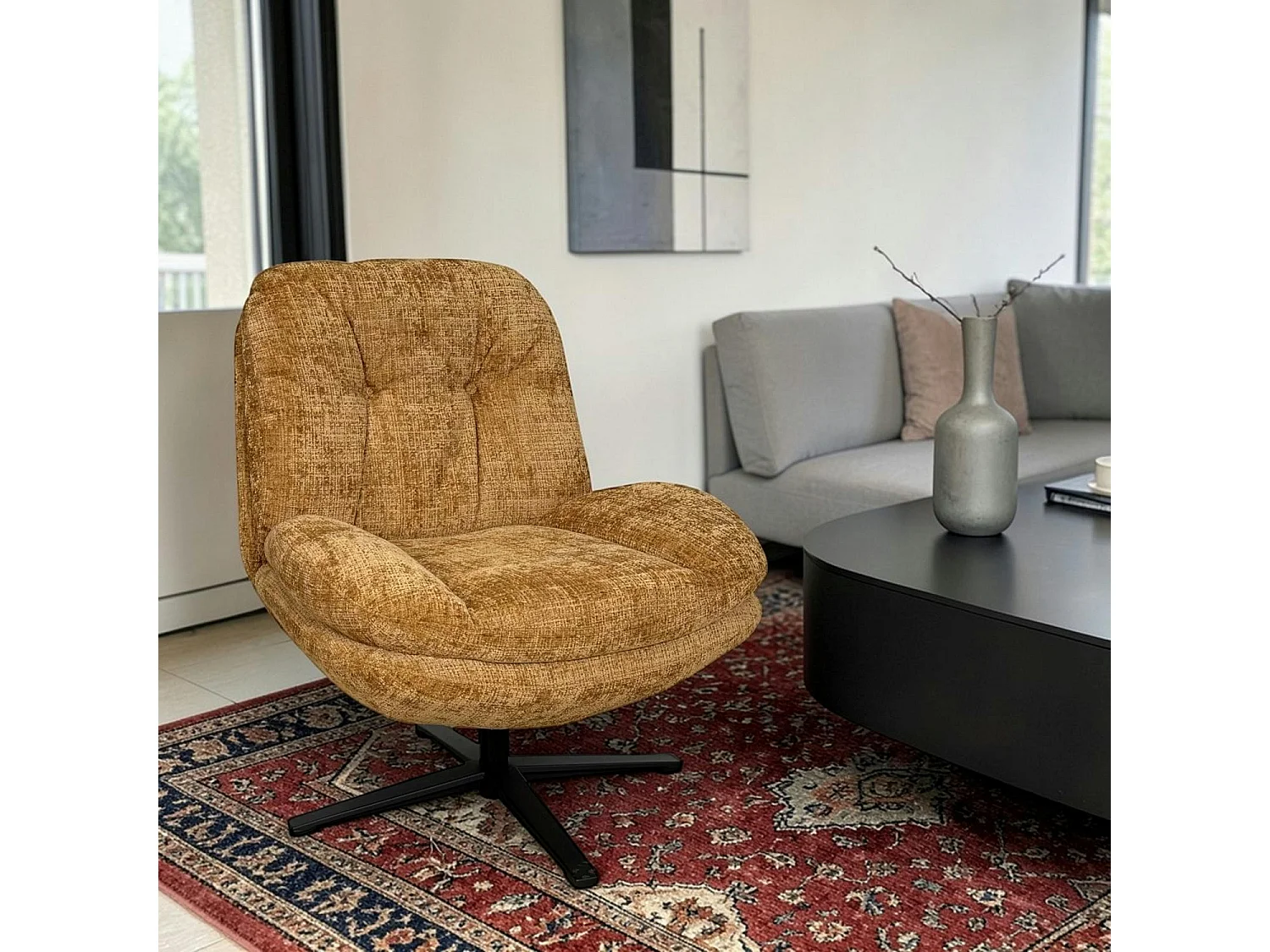 Fauteuil confort pivotant tissu doux moutarde IENA