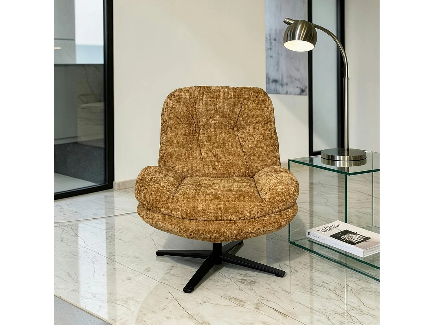 Fauteuil confort pivotant tissu doux moutarde IENA