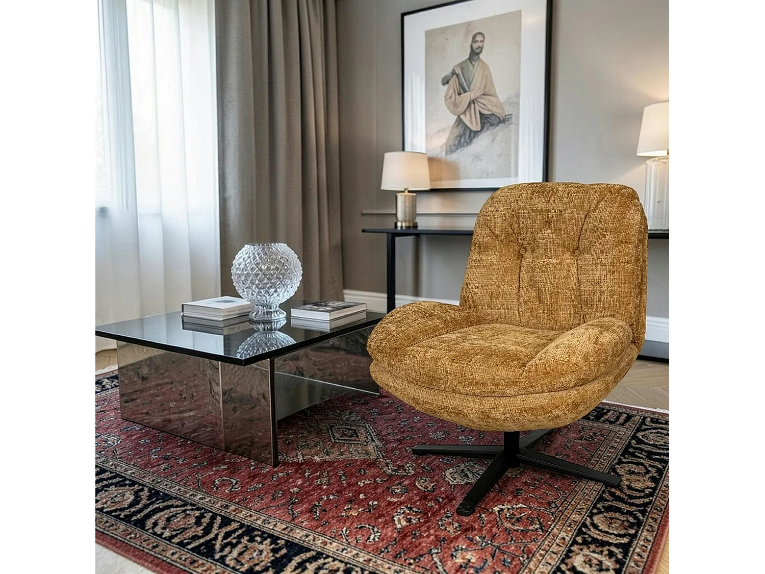 Fauteuil confort pivotant tissu doux moutarde IENA