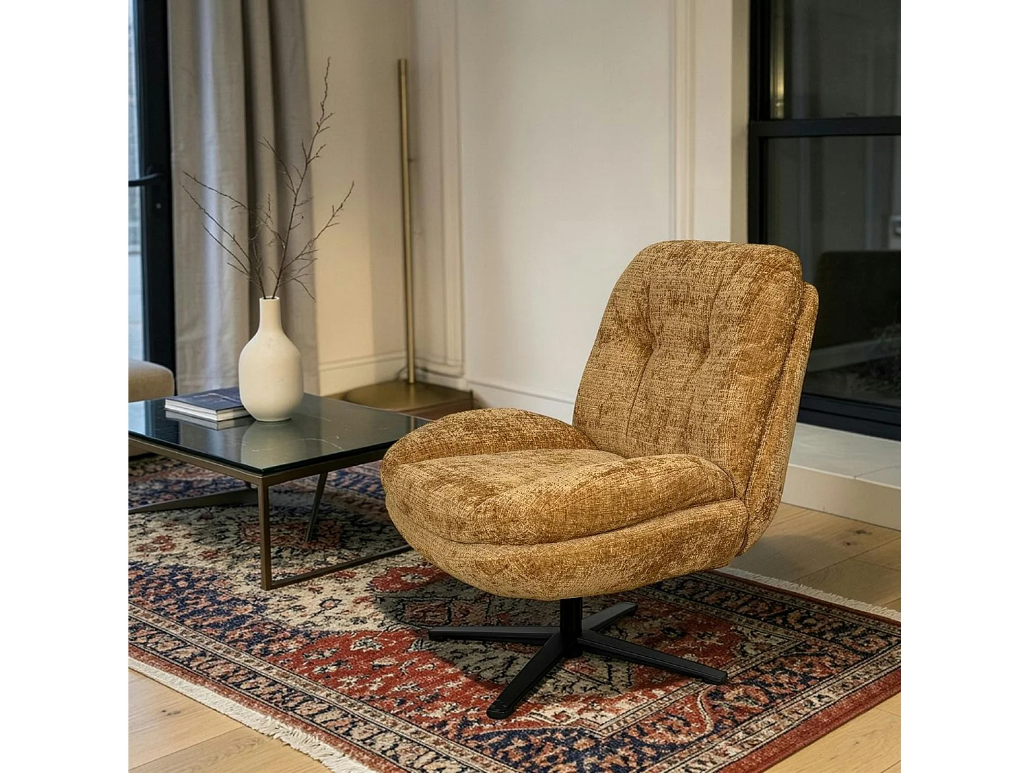 Fauteuil confort pivotant tissu doux moutarde IENA